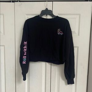Black Cropped Sweatshirt with Pink Roller Skate Design